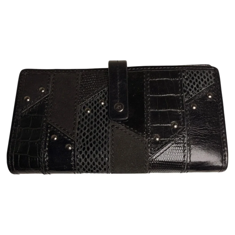 Fossil Patchwork Studded‎ Leather Wallet Clutch Black Snap Closure Zip Pocket